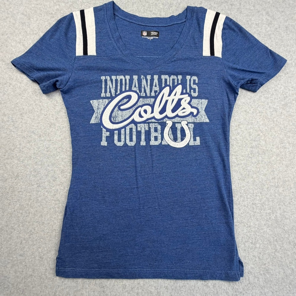 NFL Team Apparel Indianapolis Colts Sparkle Graphic V-Neck T-Shirt Blue Small